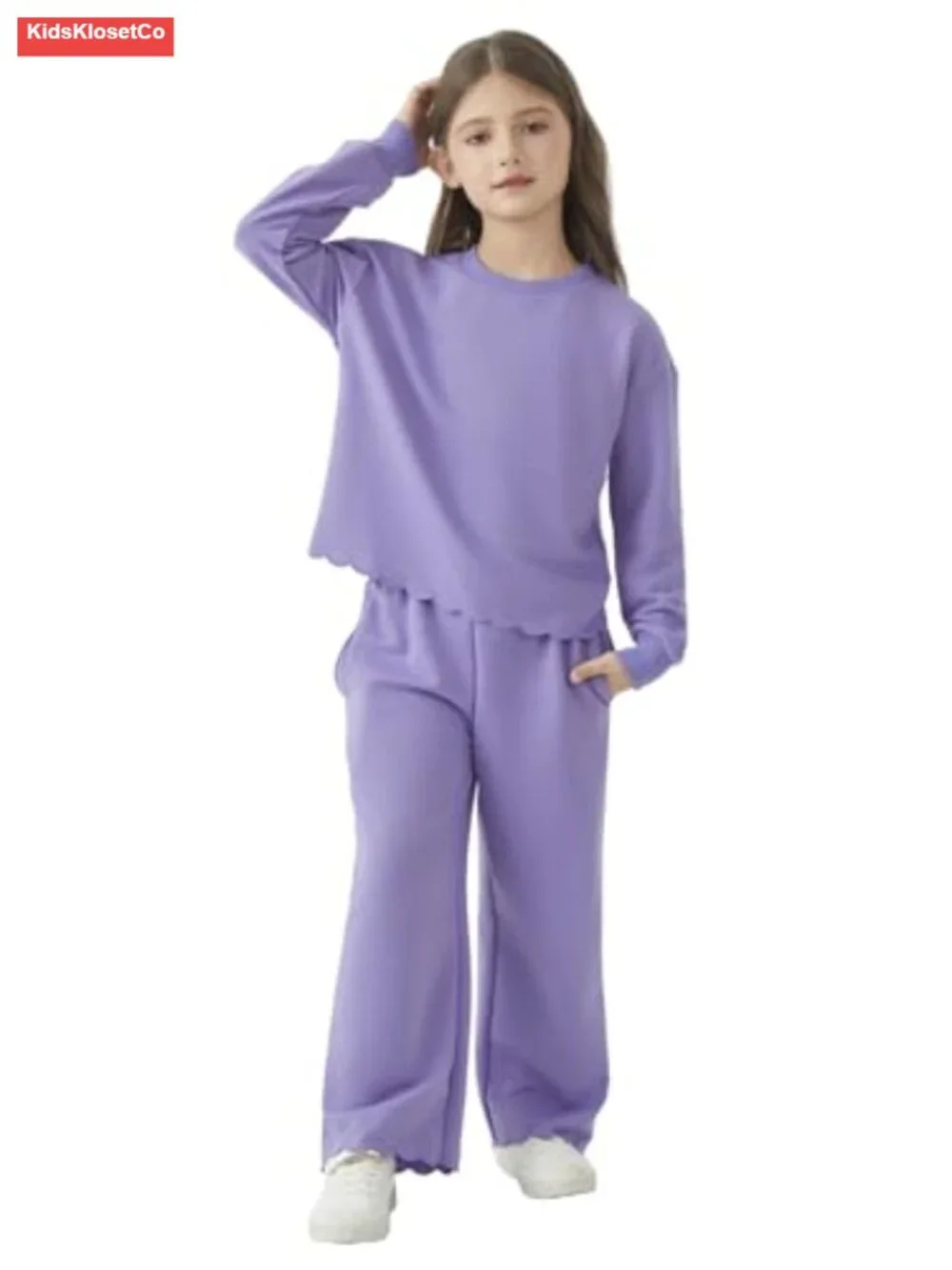 Girls Comfy Scalloped Hem Sweatshirt and Pants Set, French Terry, Big Kid